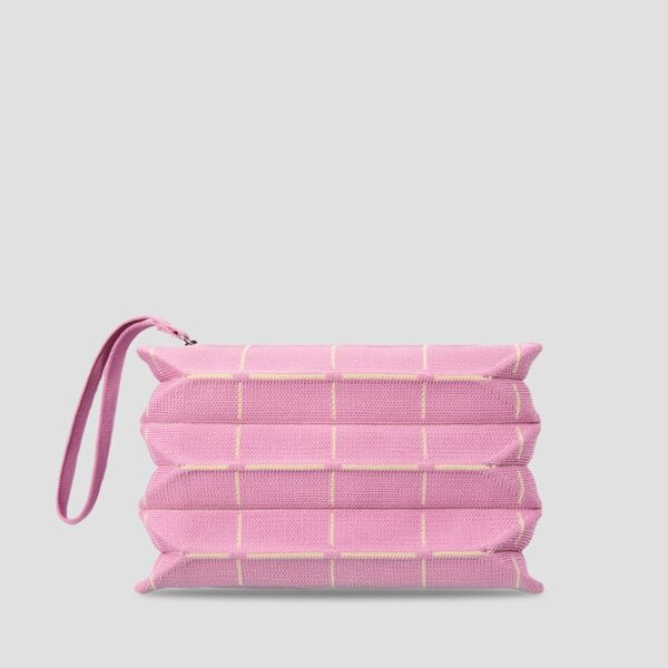 Lucky Pleats Knit Pouch S Grid Cotton Pink